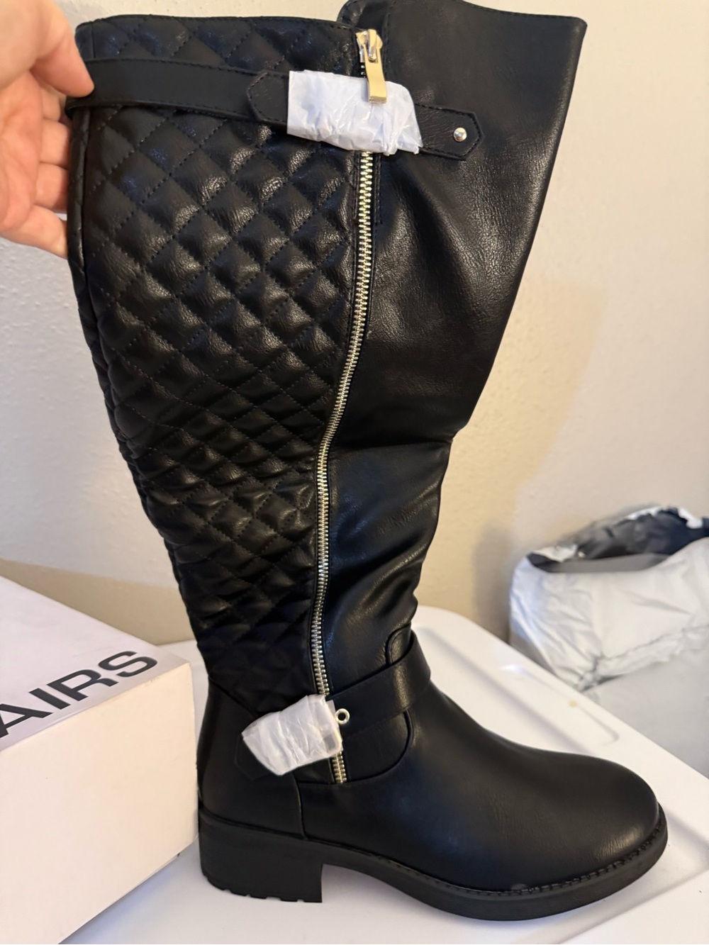 Dream Pairs Black Quilted Knee-High Boots with Gold Zipper